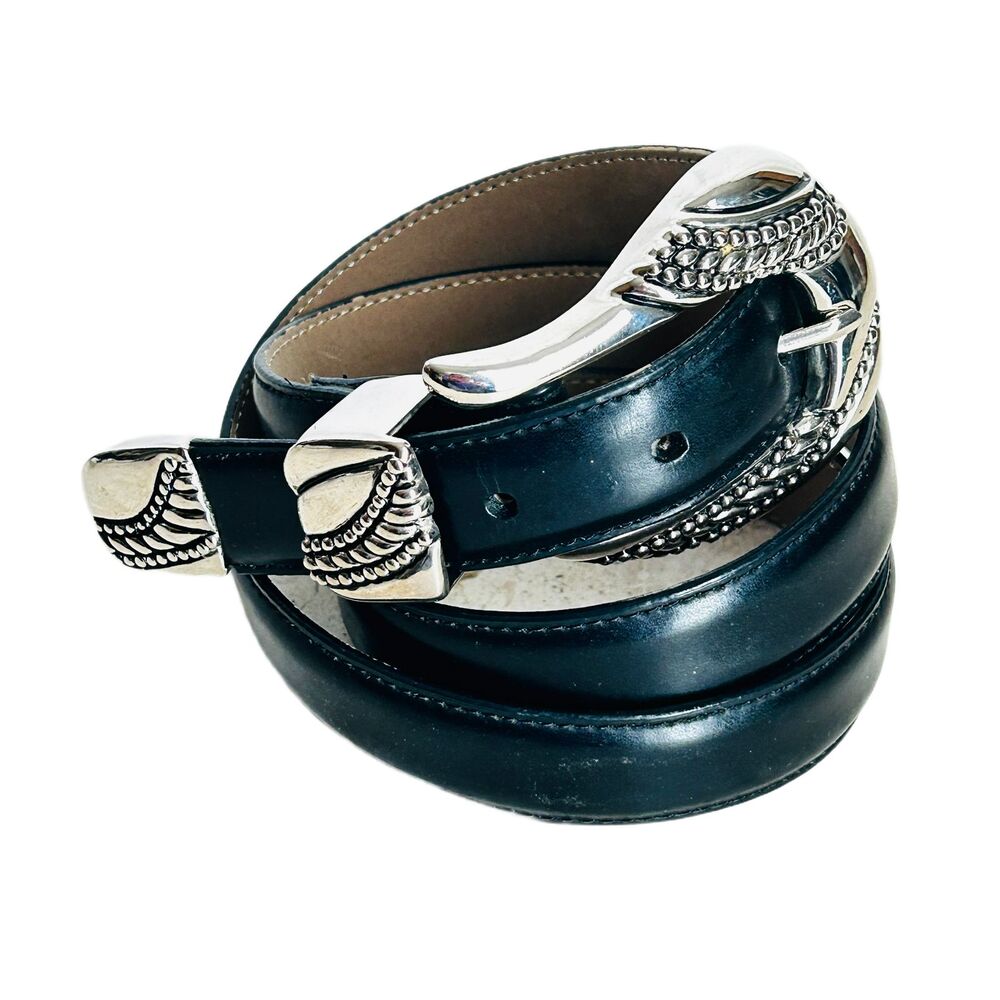 Lady Captiva Vintage Black Leather Belt Size L Ornate Tooled Silver Hardware